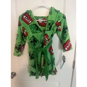 NEW WITH TAGS Minecraft Boy's Size XS (4-5) Hooded Fleece Bathrobe Green